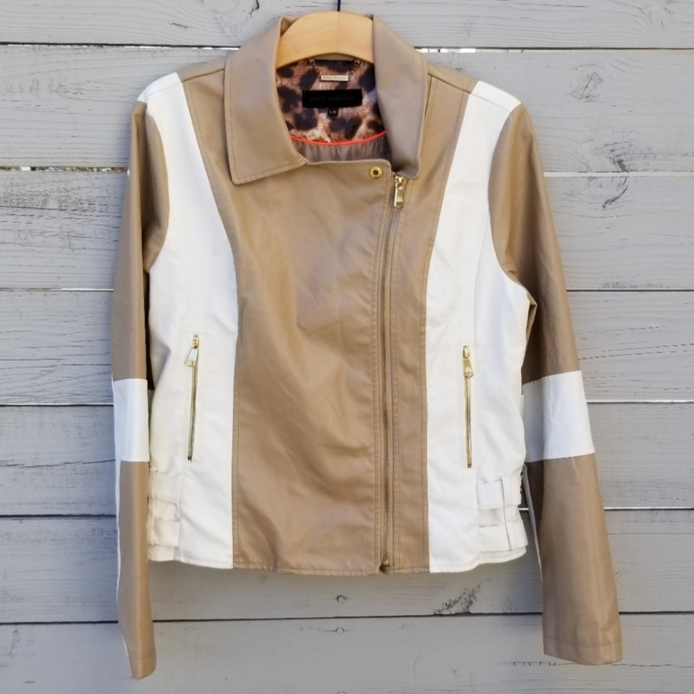 Steve Madden Two-Tone Tan and White Faux-Leather Moto Jacket